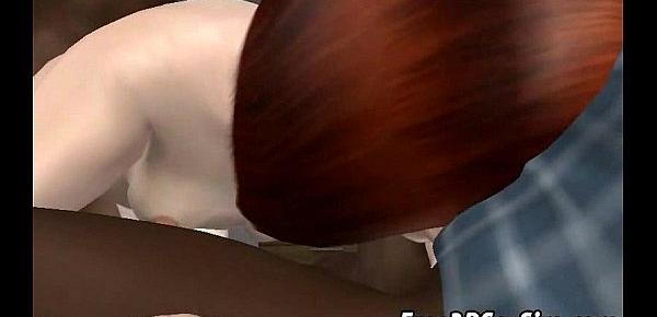  3D redhead gets double teamed by two ebony studs